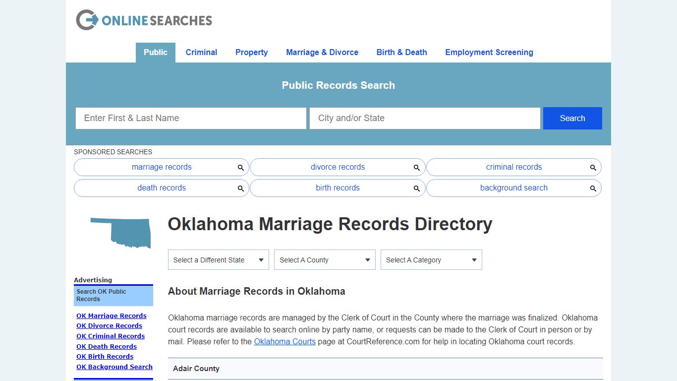 Oklahoma Marriage Records Search Directory - OnlineSearches.com